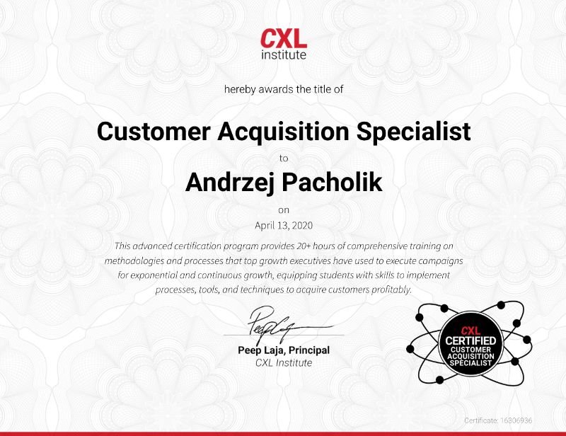 CXL Customer Acquisition Specialist certificate