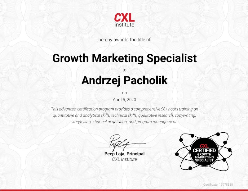CXL Growth Marketing Specialist certificate