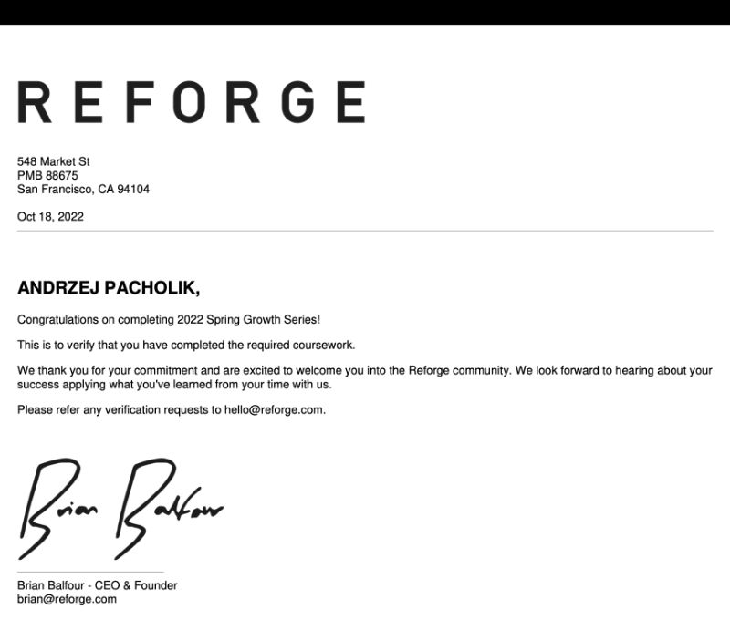 Reforge Growth Series certificate