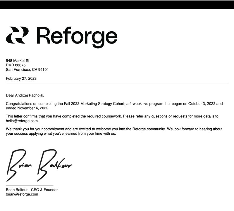 Reforge Marketing Strategy certificate