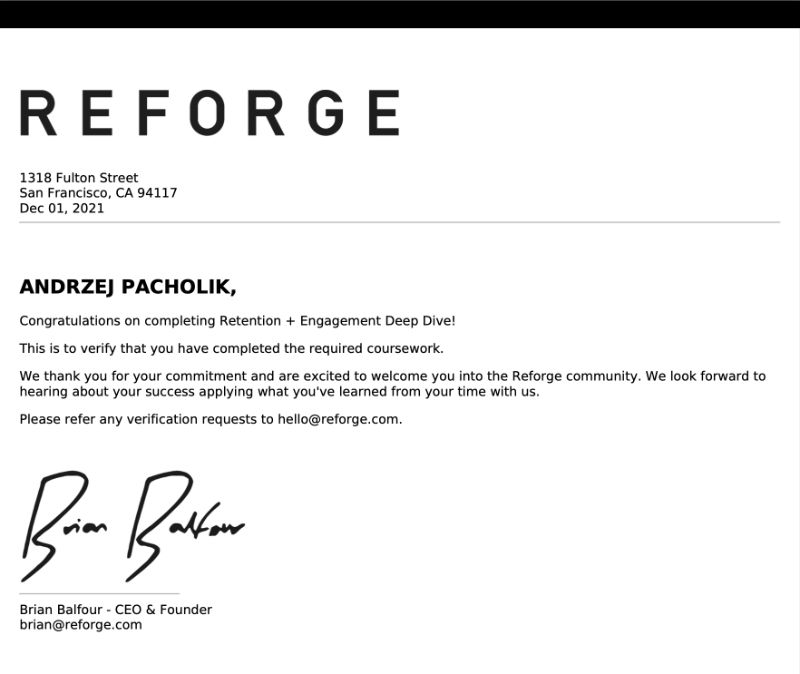 Reforge Retention and Engagement certificate