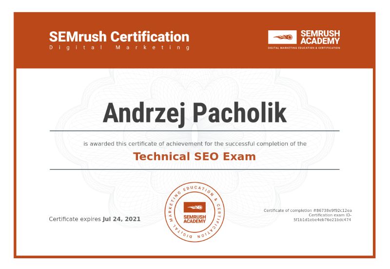 Semrush Technical SEO Exam certificate
